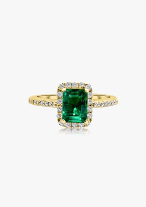 ALTEA 18K gold with brilliant cut diamonds crowned by an octagonal cut colombian emerald halo ring 2