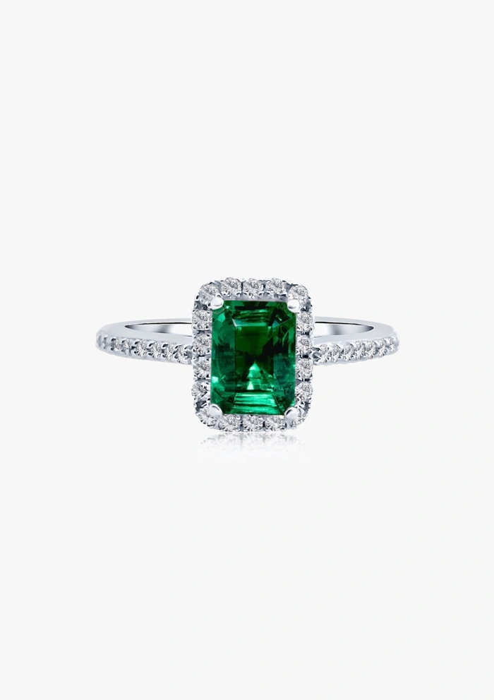 ALTEA 18K gold with diamonds and octagonal cut emerald halo ring