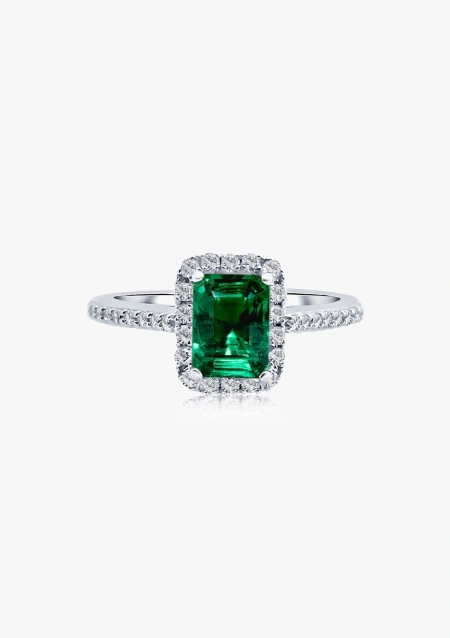 ALTEA 18K gold with diamonds and octagonal cut emerald halo ring