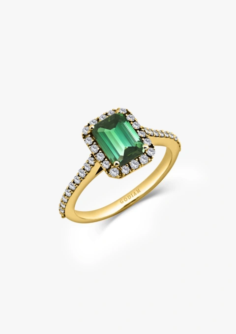 ALTEA 18K yellow gold with brilliant cut diamonds crowned with an octagonal cut green tourmaline halo ring