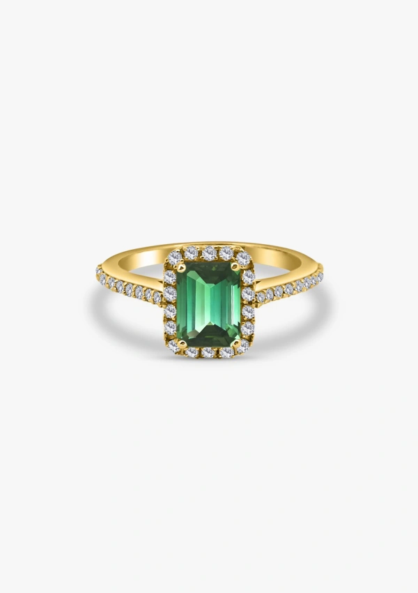 Bague ALTEA en or jaune 18K avec halo de diamants taille brillant et tourmaline verte 2