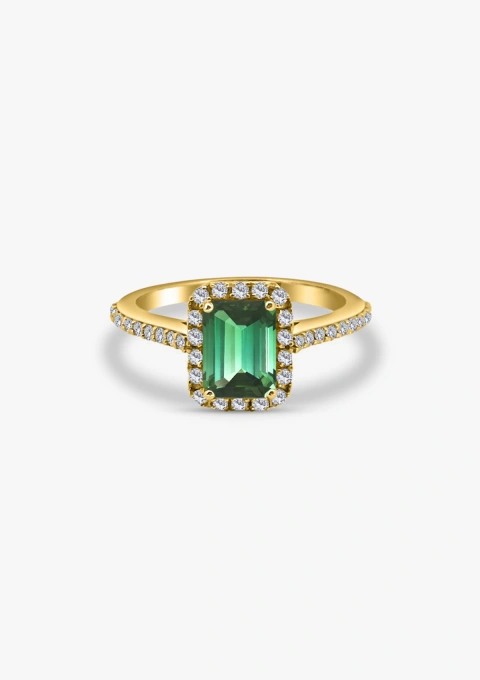 Anillo ALTEA en oro amarillo de 18K con halo de diamantes y turmalina verde|Anillos con Otras Gemas Naturales|Godiam Alta Joyería