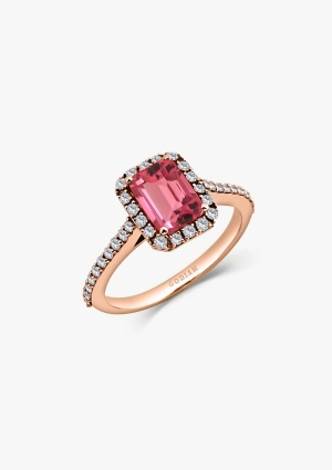Bague ALTEA en or rose 18K avec halo de diamants taille brillant et tourmaline rose octogonale