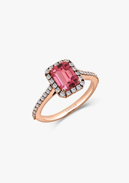 Anel ALTEA em ouro rosa 18K com halo de diamantes lapidados em brilhante e turmalina rosa