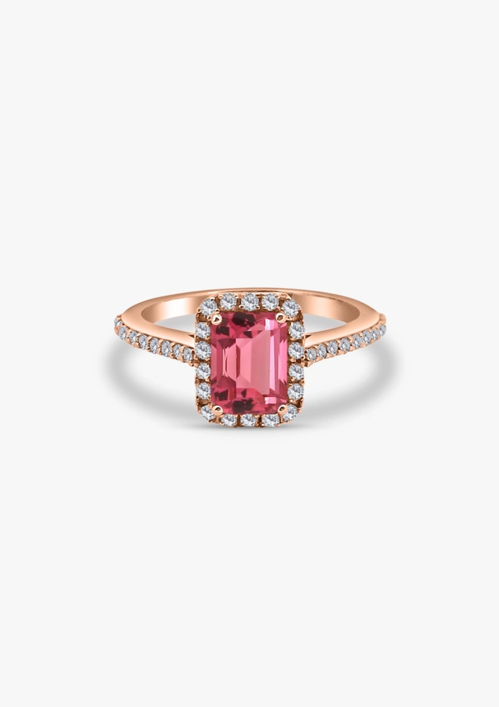 Anel ALTEA em ouro rosa 18K com diamantes e turmalina rosa.