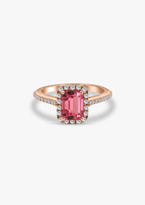 Anillo ALTEA en oro rosa de 18K con halo de diamantes y turmalina rosa|Anillos de Diamantes|Godiam Alta Joyería