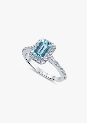 ALTEA 18K white gold with brilliant cut diamonds crowned by an octagonal cut aquamarine halo ring