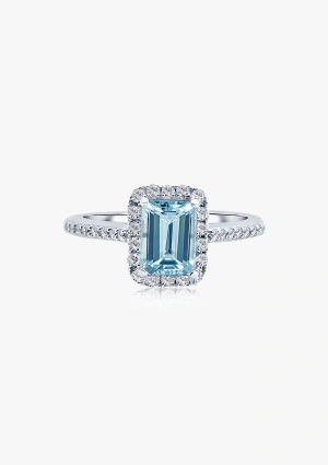 ALTEA 18K white gold with brilliant cut diamonds crowned by an octagonal cut aquamarine halo ring 2