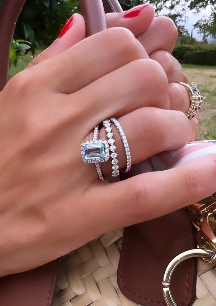 ALTEA 18K white gold with diamonds and octagonal cut aquamarine