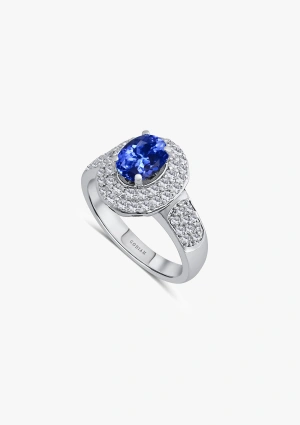 Anillo LEILONIE en oro blanco de 18K con pavé de diamantes talla brillante y tanzanita oval