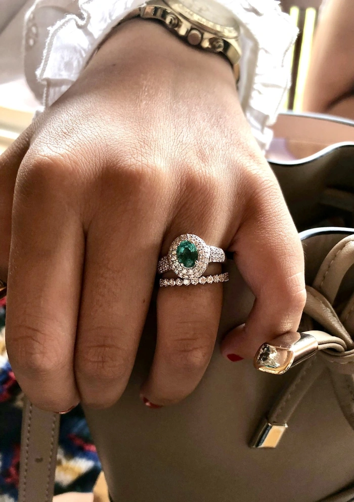 LEILONIE 18K white gold brilliant cut diamonds pave set and emerald