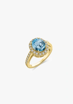 Anillo ELSA en oro amarillo 18K con halo de diamantes y aguamarina