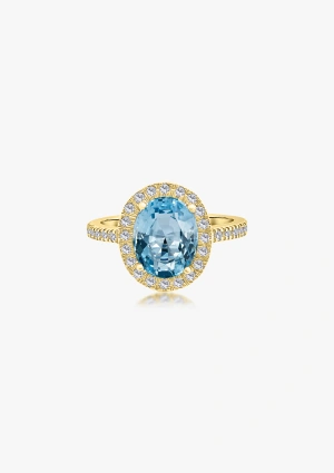 Anillo ELSA en oro amarillo 18K con halo de diamantes y aguamarina 2
