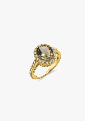 Anillo ELSA en oro amarillo de 18K con halo de diamantes talla brillante y prasiolita talla oval