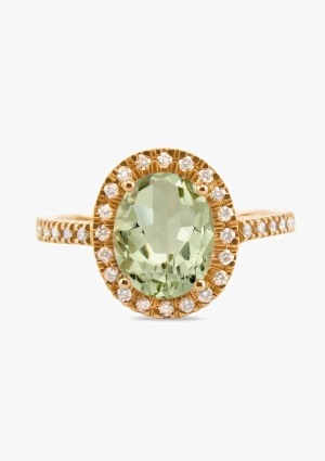Anillo ELSA en oro amarillo de 18K con halo de diamantes talla brillante y prasiolita talla oval 2