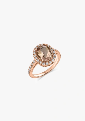 ELSA 18K rose gold with brilliant cut diamonds crowned by an oval cut morganite halo ring