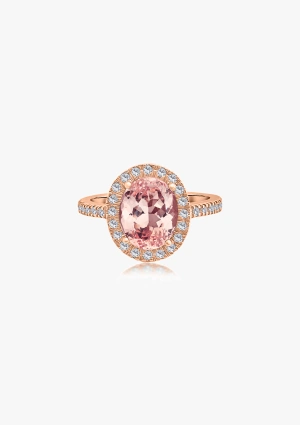 Anel ELSA em ouro rosa 18K com halo de diamantes de lapidação brilhante e morganita de corte oval 2