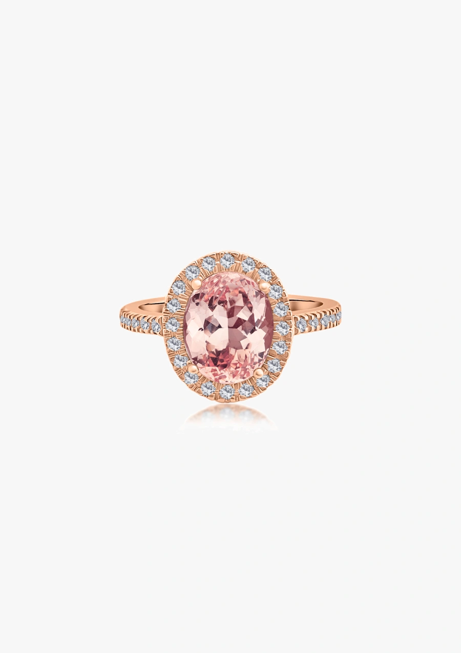 Anillo ELSA en oro rosa de 18 quilates con diamantes y morganita oval