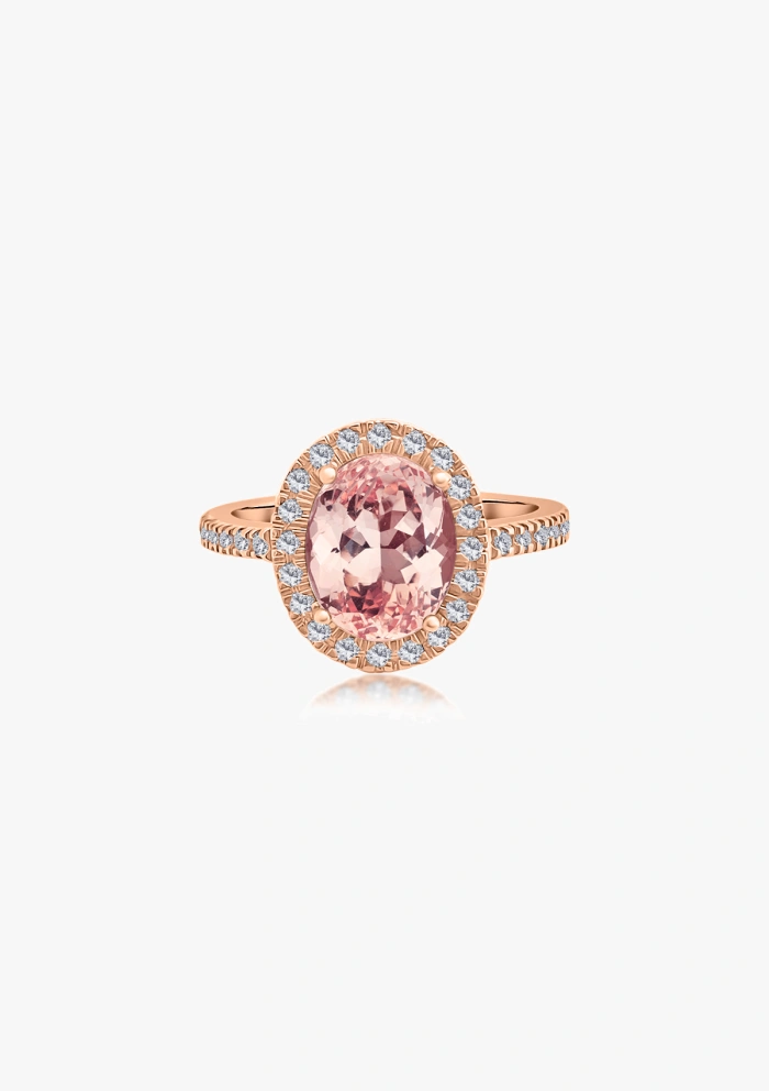 Anillo ELSA en oro rosa de 18K con halo de diamantes y morganita|Anillos con Otras Gemas Naturales|Godiam Alta Joyería