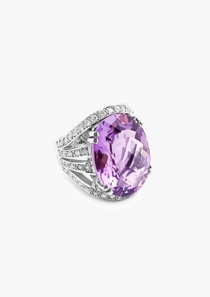 LILIUM 18K white gold maxi ring with brilliant cut diamonds crowned by a mesmerizing amethyst oval cut briolette