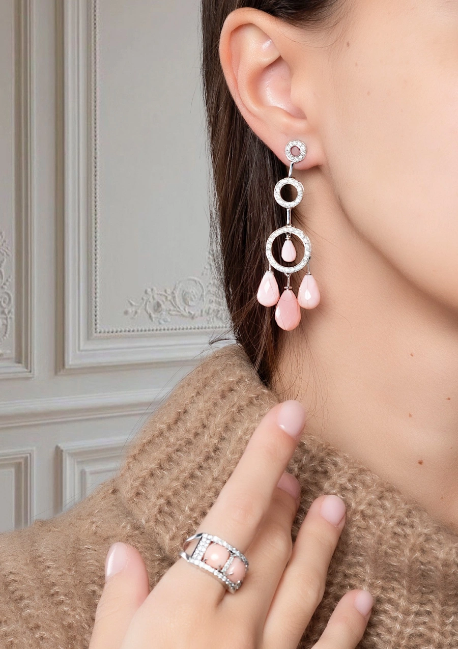 LANAI 18K white gold long earrings diamonds and pink opals.