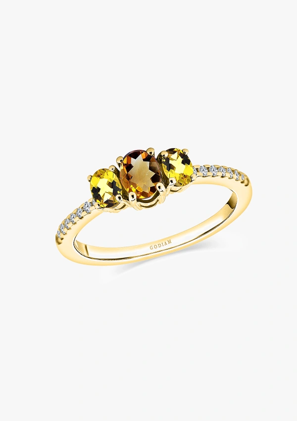 Bague trilogie MINI RAINBOW or jaune 18K diamants, tourmaline et saphirs jaunes