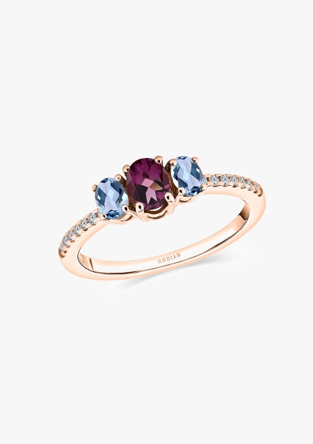 Anillo Trilogía MINI RAINBOW en oro rosa 18K con diamantes, aguamarinas y amatista marrón