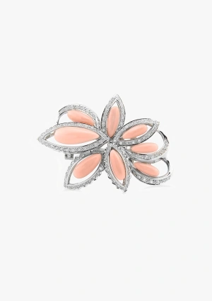 Broche BEVERLY IN PINK en oro blanco de 18K con diamantes y corales