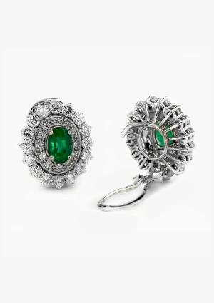 ELIZABETH 18K white gold with brilliant cut diamonds and oval cut colombian emeralds rosette earrings