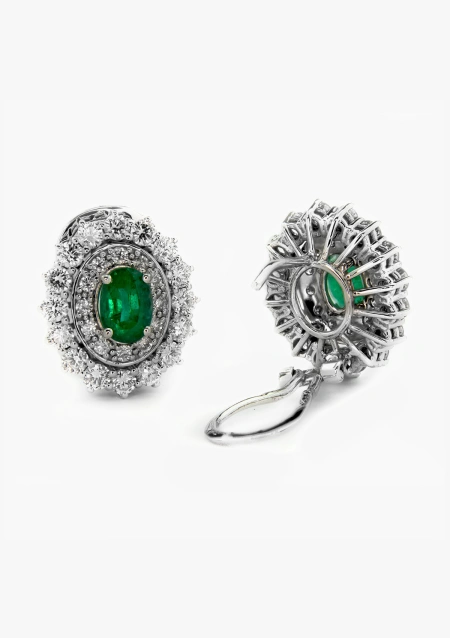 ELIZABETH 18K white gold with brilliant cut diamonds and oval cut colombian emeralds rosette earrings