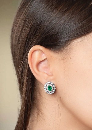 ELIZABETH 18K white gold with brilliant cut diamonds and oval cut colombian emeralds rosette earrings 2