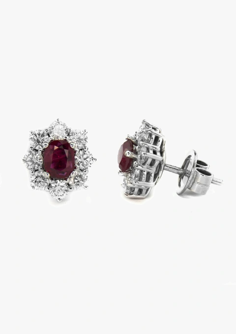 SIMONETA 18K white gold diamond and ruby rosette earrings.