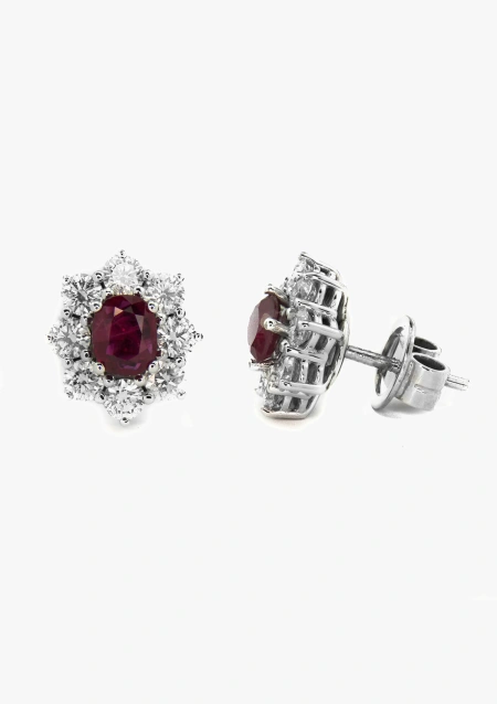 SIMONETA 18K white gold diamonds and rubies rosette earrings.