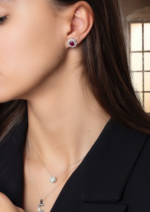 SIMONETA 18K white gold diamond and ruby rosette earrings.