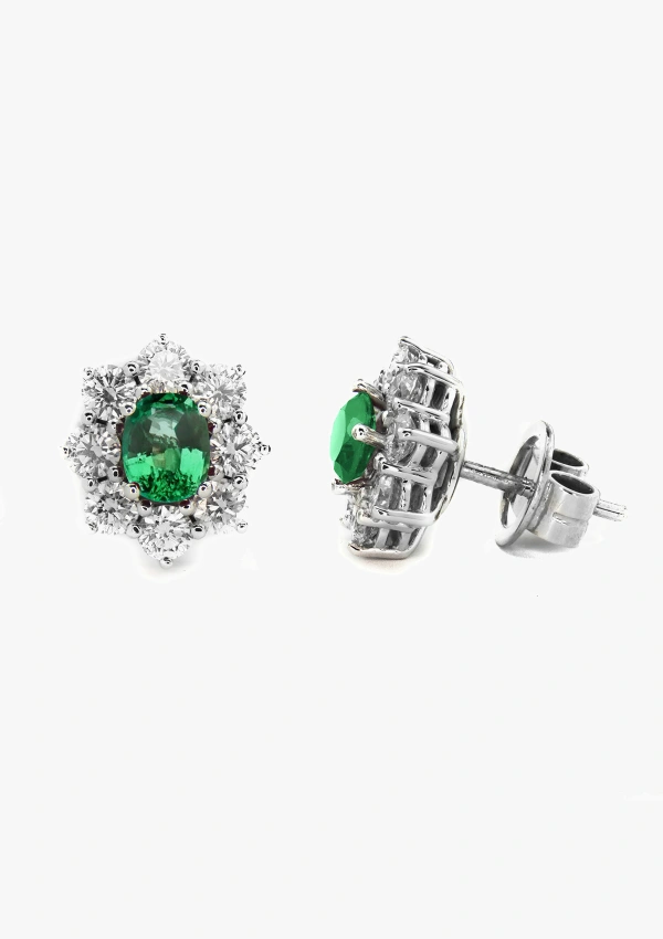 SIMONETA 18K white gold with brilliant cut diamonds and oval cut colombian emeralds rosette earrings