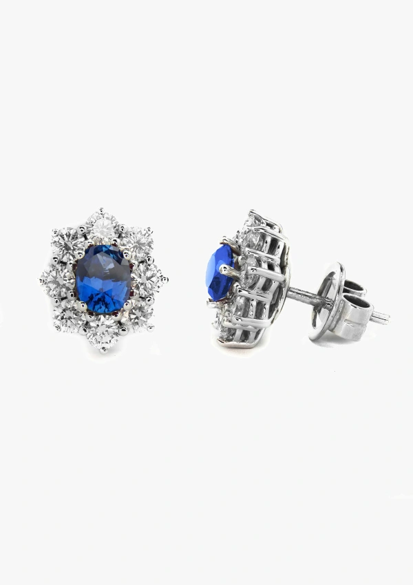 SIMONETA 18K white gold with brilliant cut diamonds and oval cut sri lankan blue sapphires rosette earrings