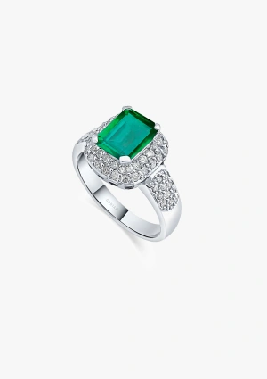 LEBLON 18K white gold with brilliant cut pave diamonds topped by an octagonal cut colombian emerald