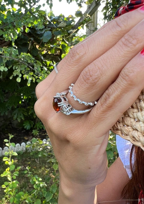 GALILEA 18K white gold ring with diamonds and orange topaz.