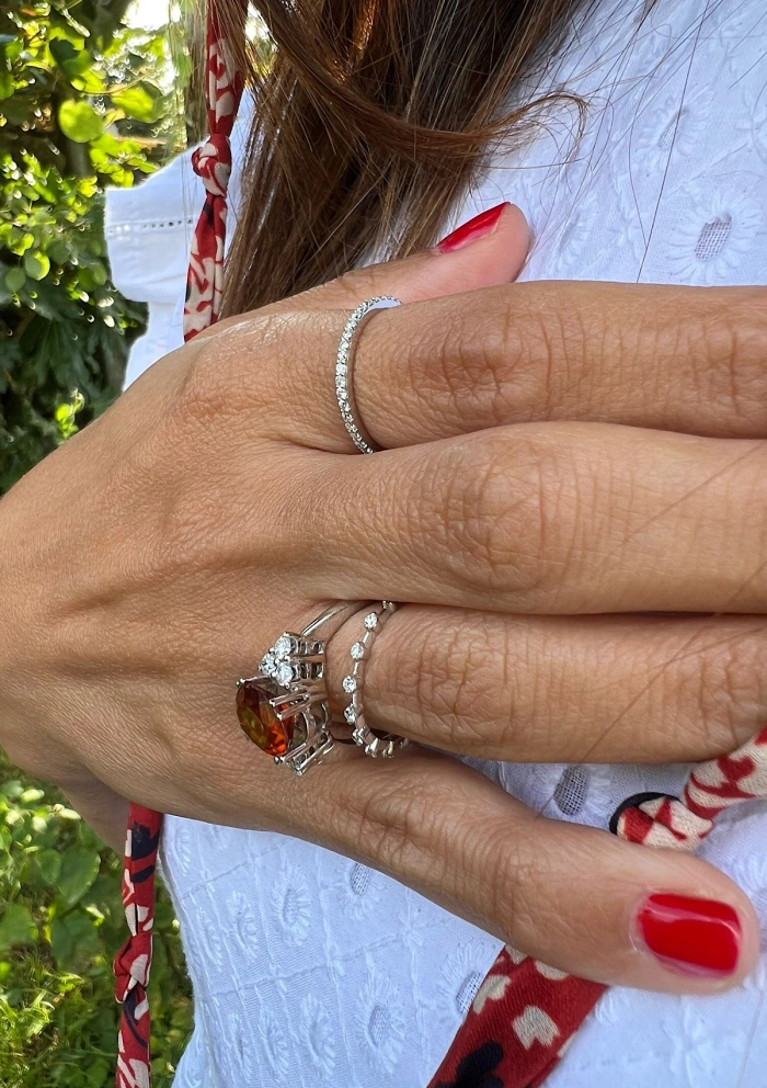 Anillo GALILEA en oro blanco de 18K con diamantes y topacio naranja