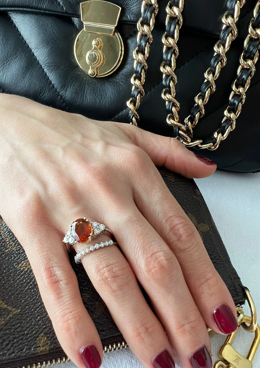 GALILEA 18K white gold ring with diamonds and orange topaz.