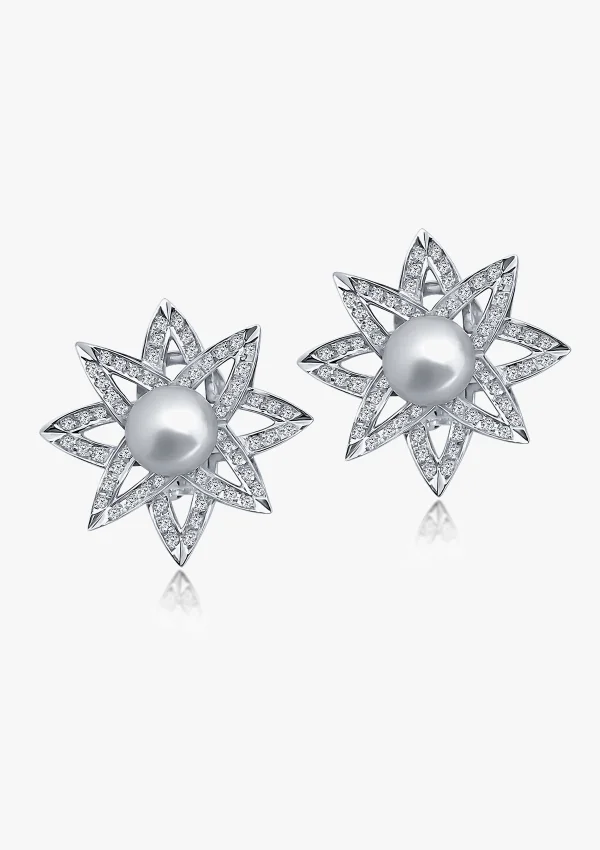 Boucles d'oreilles BIG STAR en or blanc 18K avec diamants taille brillant et perles australiennes