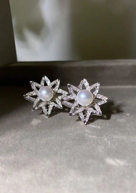 Pendientes BIG STAR en oro blanco 18K con diamantes y perlas australianas|Pendientes con Perlas|Godiam Alta Joyería