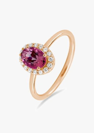 Anillo INDIA en oro rosa con diamantes talla brillante y rubelita oval