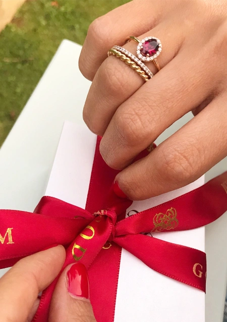INDIA 18K rose gold with diamonds and rubellite ring.