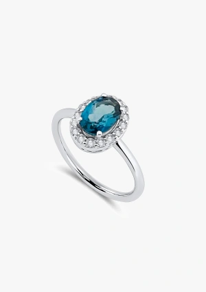 Anillo INDIA en oro blanco 18K con diamantes talla brillante y topacio London Blue talla oval