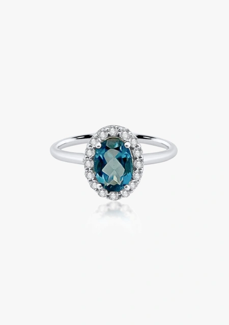 Anillo INDIA en oro blanco de 18K con diamantes y topacio London Blue