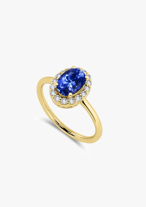 Bague INDIA en or jaune-blanc 18K avec halo de diamants taille brillant et tanzanite ovale