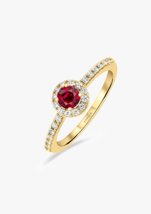 ROUND RED 18K gold ring with a halo of brilliant cut diamonds crowned by a ruby