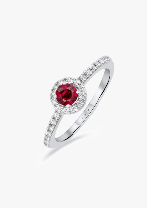 ROUND RED 18K gold ring with a halo of brilliant cut diamonds crowned by a ruby 2
