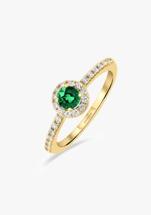 Anel ROUND GREEN em ouro de 18K com halo de diamantes de lapidação brilhante e esmeralda
